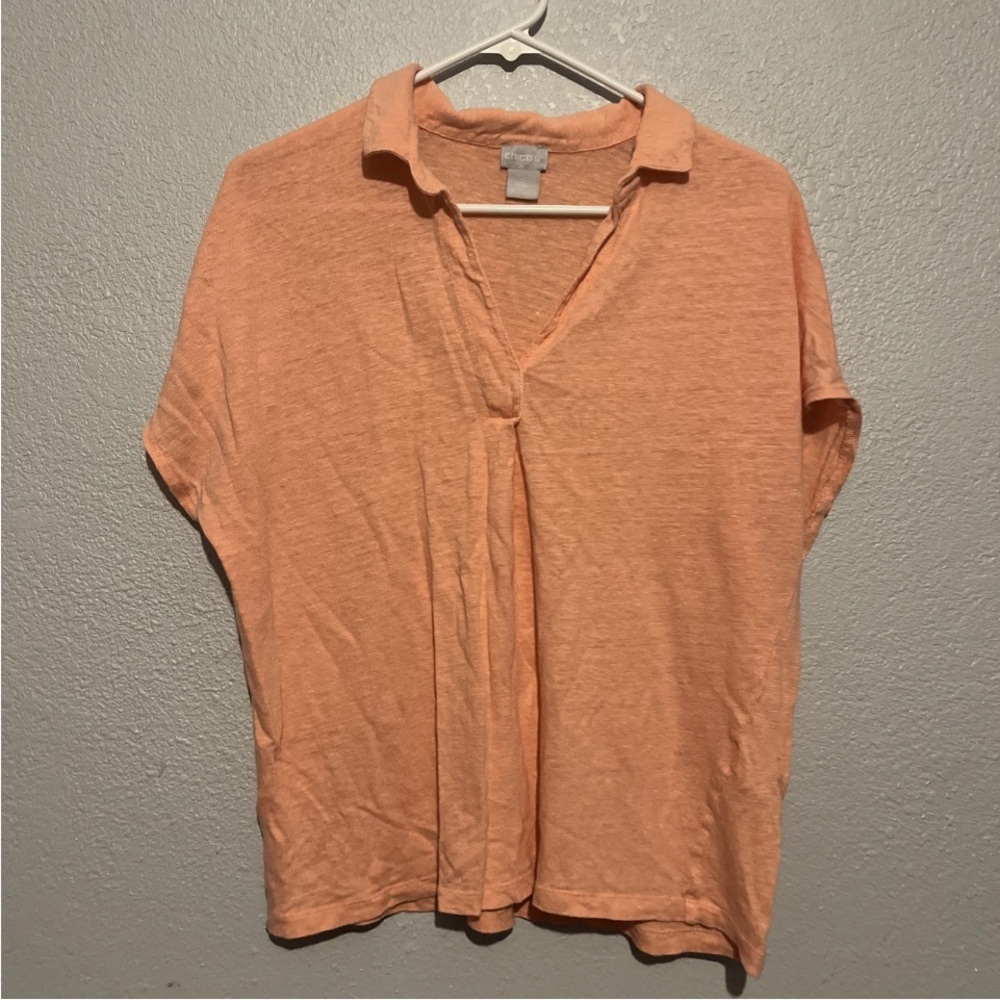 Chico's Linen Polo Women's 2 Large Collared Shirt Sleeve Lightweight